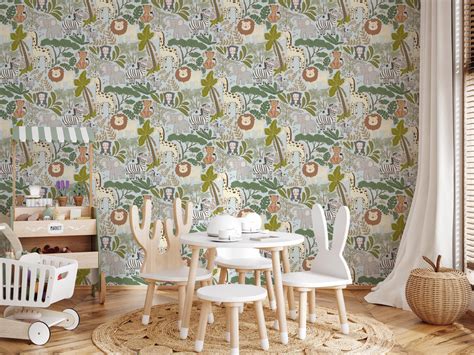Gentle Safari Pals Wallpaper with Lions and Elephants