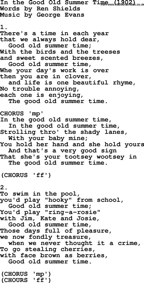 World War One(WW1)Era Song Lyrics for: In The Good Old Summer Time 1902