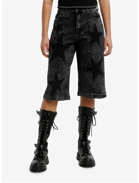 Faded Black Star Girls Long Denim Shorts | Hot Topic