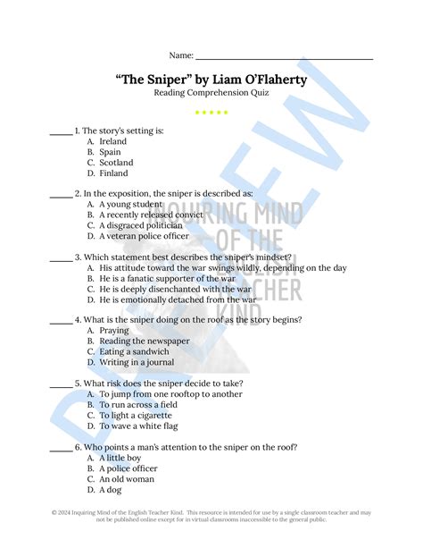 "The Sniper" by Liam O'Flaherty Quiz and Answer Key | Teaching Resources