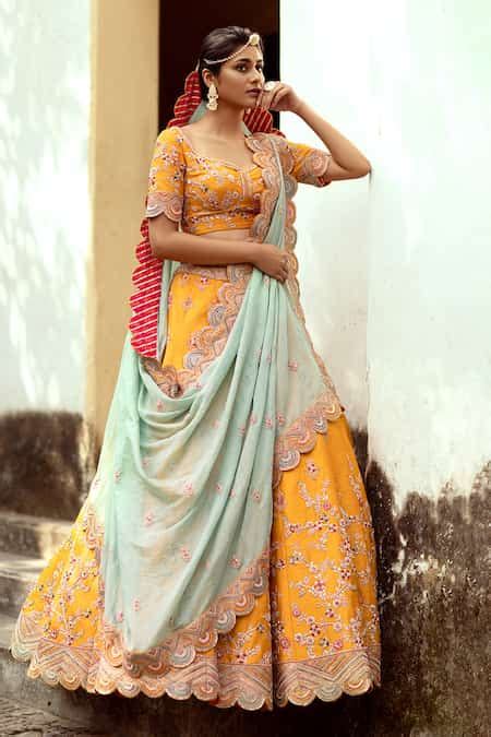 Buy Yellow Dupatta Tissue, Lehenga And Blouse Raw Ganga Embroidered ...