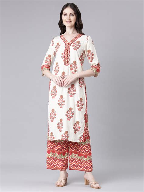 Neerus Beige Abstract Printed Linen Straight Kurta Set - Kurta ...