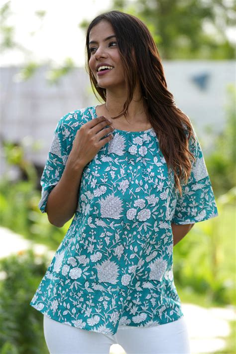Azure Delight Handblock Printed Cotton Top – Okhaistore
