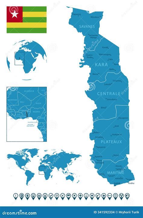Togo - Detailed Blue Country Map with Cities, Regions, Location on World Map and Globe ...