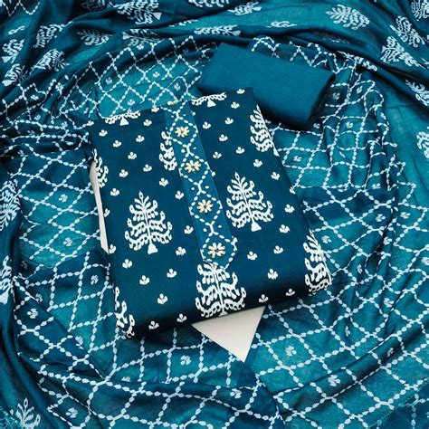 Teal Floral Printed Pure Cotton Dress Material