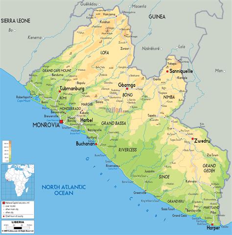 Physical Map of Liberia - Ezilon Maps