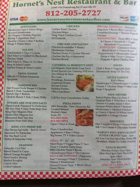 Menu at Hornet's Nest steakhouse, Evansville