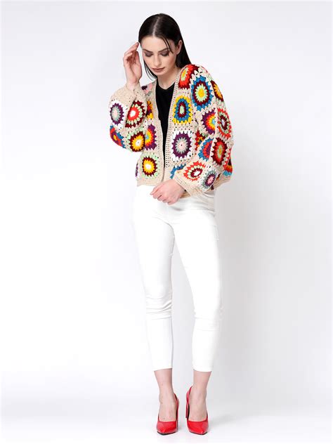 Crochet Granny Square Baggy Sweater for Women- Beige