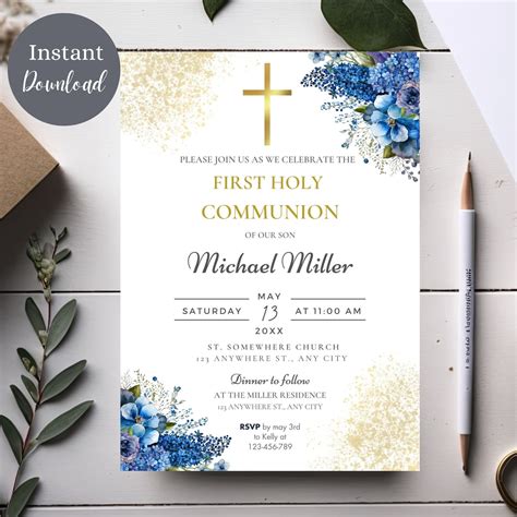 Blue and Gold First Communion Invitaion Template, First Holy Communion ...
