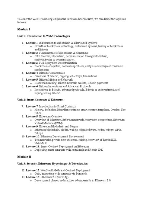 Syllabus Plan - Lecture Notes - To cover the Web3 Technologies syllabus ...