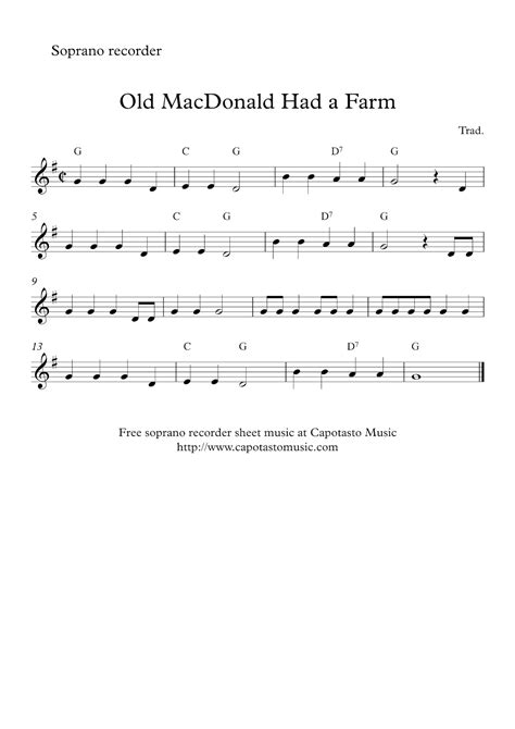 Free easy soprano recorder sheet music - Old MacDonald Had a Farm