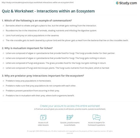 Quiz & Worksheet - Interactions within an Ecosystem | Study.com