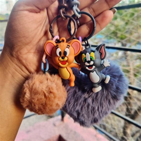 Cute Cartoon Duo Pom-Pom Keychain – Fluffy Bag Charm | Merakii Mee