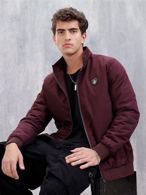 Men's Solid Casual Bomber Jacket | Maroon – Wrogn