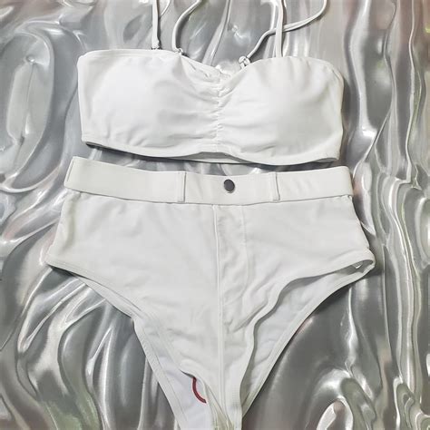 White high waisted bikini set Stretchy swimsuit like... - Depop