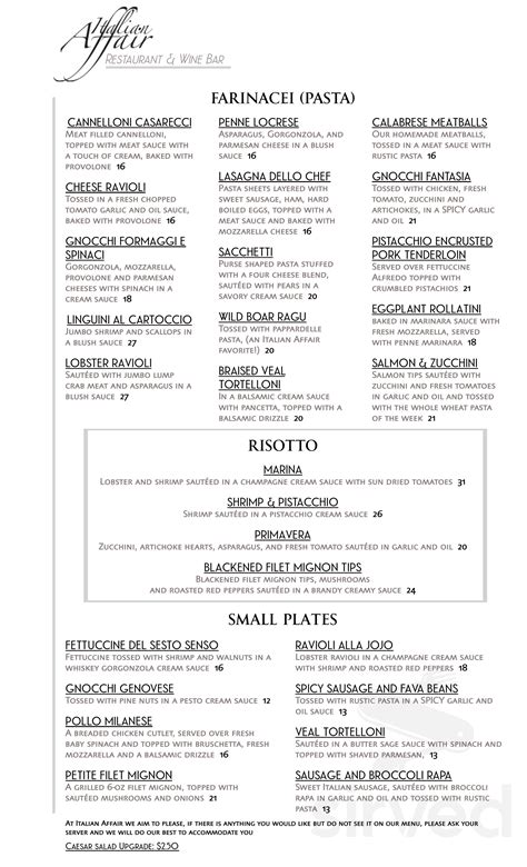 Italian Affair Restaurant menu in Glassboro, New Jersey, USA