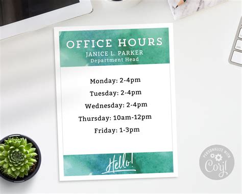 Office Hours Door Sign Printable Template - Editable Schedue or Hours of Operation - Watercolor ...