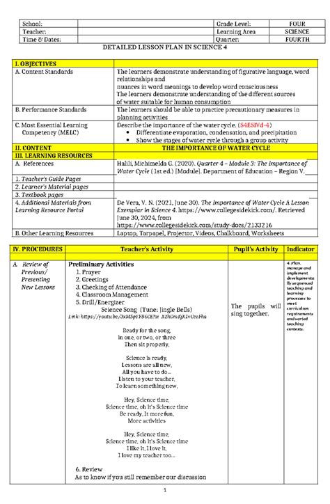 DLP Science 4 Q4 Lesson Plan: Understanding the Importance of Water Cycle - Studocu