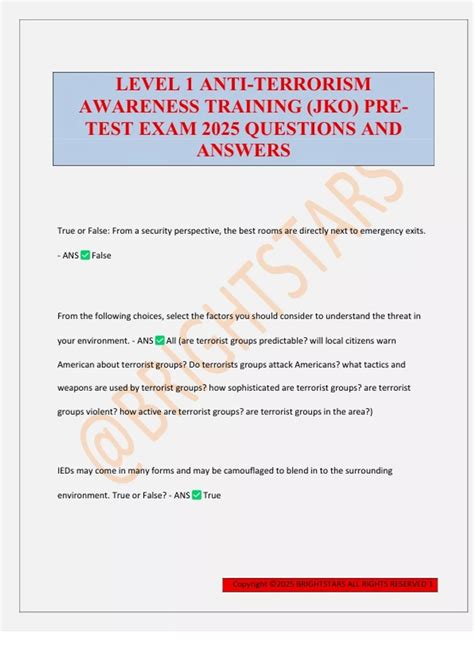 LEVEL 1 ANTI-TERRORISM AWARENESS TRAINING (JKO) PRE- TEST EXAM 2025 ...