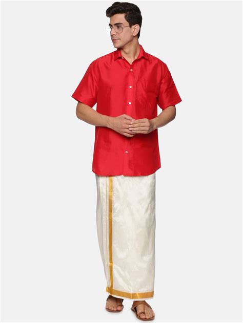 Men Solid Colour Half Sleeve Shirt and Readymade Pocket Dhoti Set ...
