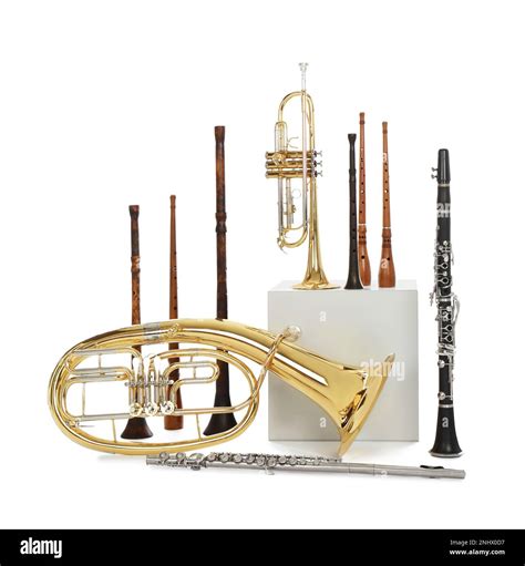 Set of wind musical instruments on white background Stock Photo - Alamy