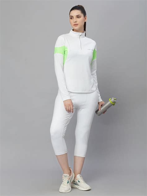 JUMP USA Women White & Green Solid Rapid-Dry Training T-shirt