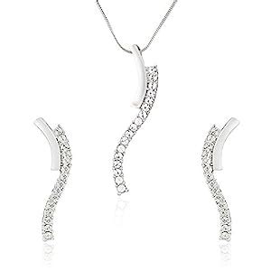 Buy Mahi Rhodium Plated Elegant Curve Pendant Set with White Crystals ...