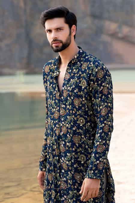 Buy Blue Silk Embroidered Mirror Work Floral Kurta Set For Men by ...