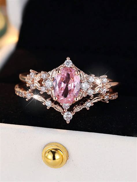 2pcs Elegant Oval Pink Cubic Zirconia Rose Gold Plated Women's Ring Set ...
