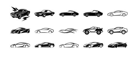 Set of black and white car silhouettes including sports cars classic ...