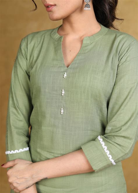 Classy Olive Green Cotton Straight Cut Kurta with White Laces – Sujatra