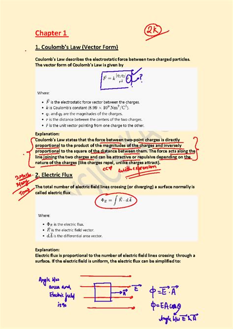 Important Definitions AND LAWS - Chapter 1 1. Coulomb's Law (Vector ...