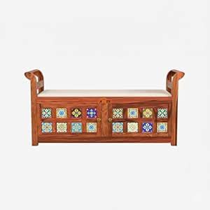 MR ARTS Solid Sheesham Wood Storage Settee with Hand-Painted Ceramic ...