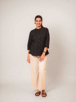 Black Lace Trim Mandarin Collar Solid Cotton Tunic Top – situ