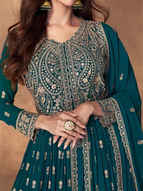 Buy Teal Blue Embroidered Georgette Lehenga Suit With Dupatta From ...
