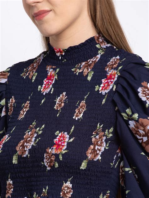 Emeros Smocked Bodice & Cuffs, Puff Sleeve Navy Blue Peplum Top