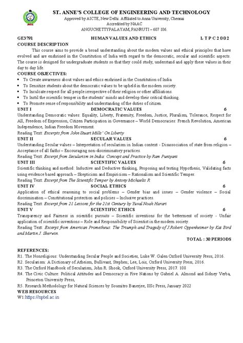 Syllabus - GE3791 HUMAN VALUES AND ETHICS L T P C 2 0 0 2 COURSE ...