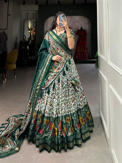 THE CLASSY AURA Green color tussar silk foil print lehenga choli Price ...
