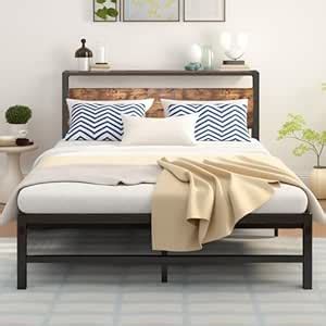 ARFARLY Metal Bed 120 x 200 cm Bed Frame with Wooden Headboard ...