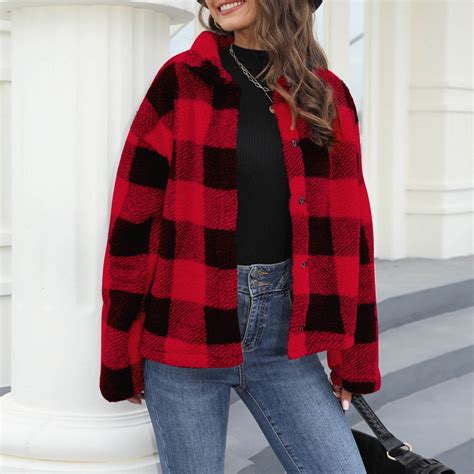 Oksale Vintage Plaid Jackets for Women Fluffy Fleece lined Jacket Lapel ...