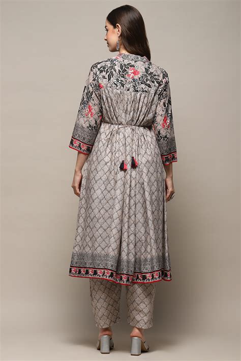 Grey Cotton Gathered Suit Set at Biba India