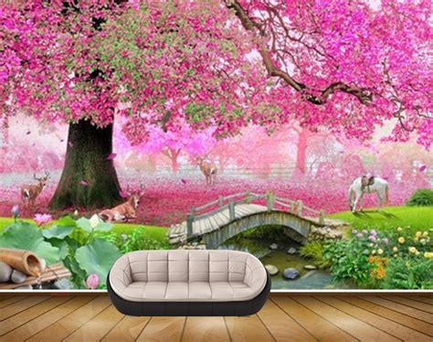 Avikalp MWZ2600 Trees Leaves Pink Flowers Horse Grass Bridge Plants Ga ...