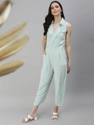 Buy SHOWOFFFF Womens Shawl Neck Sleeveless Sea Green Solid Jumpsuit Online