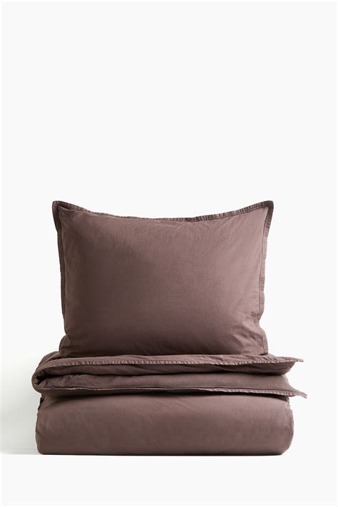 Washed cotton single duvet cover set - Dark brown - Home All | H&M IN