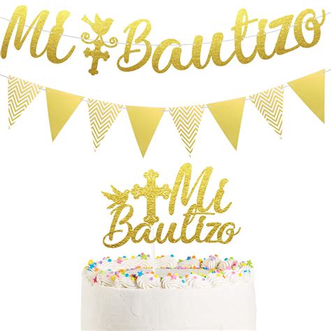 Gold Glitter Mi Bautizo Banner Mi Bautizo Cake Topper Decorations ...