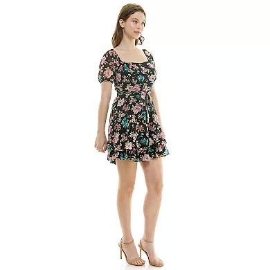 Juniors' Lily Rose Short Puff Sleeve Belted Skater Dress