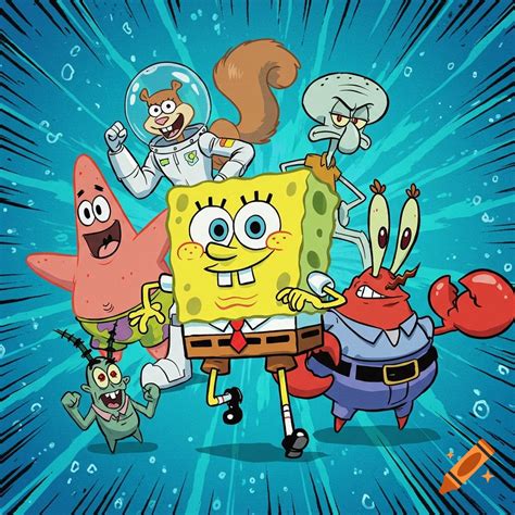 SpongeBob, Patrick, Sandy, Squidward, Mr. Krabs, and Plankton depicted ...