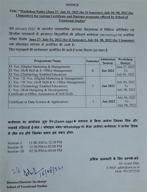 Workshop Notice [June 27- July 01, 2022 (for II Semester), July 04- 08 ...