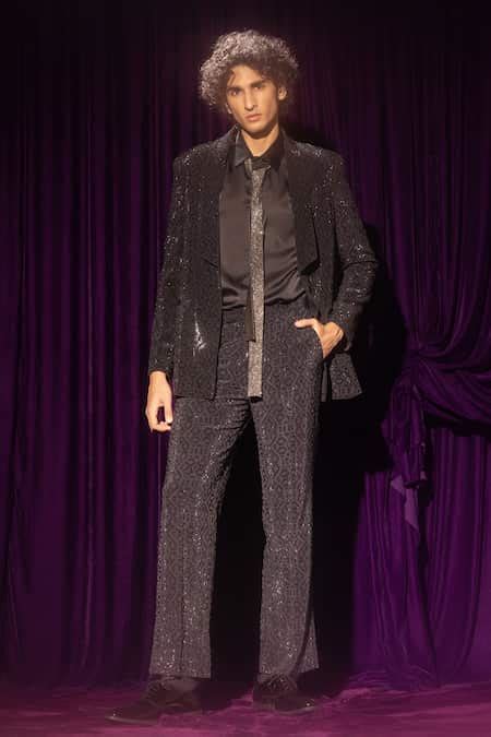 Buy Black Heavy Silk Crepe Embellished Rhinestone Tonal Pant For Men by ...