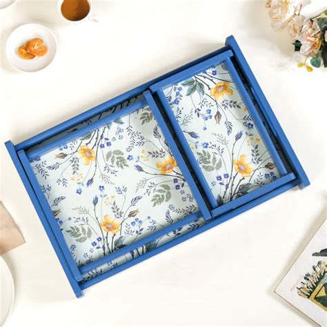 Set Of 3 Flower Field Wooden Serving Trays Online - Premium Tray | Nestasia